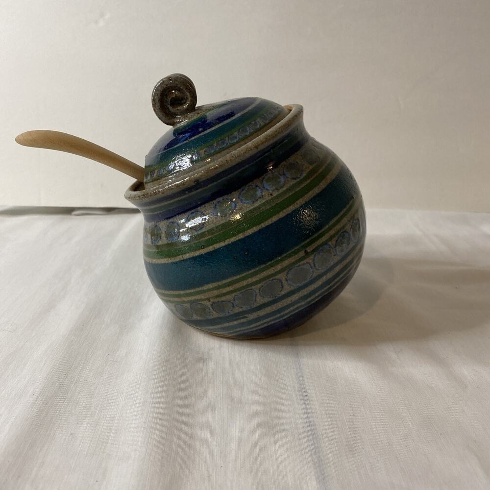 Art Pottery Honey Pot Crock Lid Wood Dipper Spoon Blue Stripe Stoneware unsigned